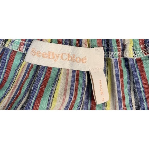 See by Chloe Top Blouse Women Size 36 4 Stripe Pink Blue Off Shoulder Ruffle B60 - Picture 6 of 8